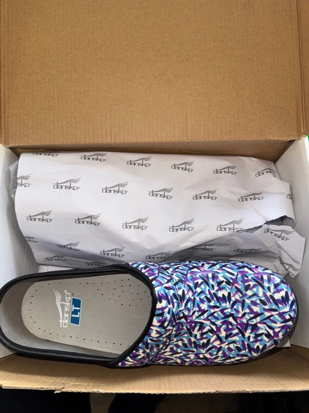 Dansko Blue and Purple Patterned Slip-On Clog Sz 37 NWB - Picture 2 of 3